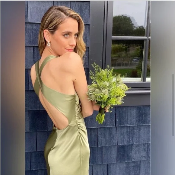 Reformation Casette Silk Dress in Artichoke 6 - Picture 7 of 13